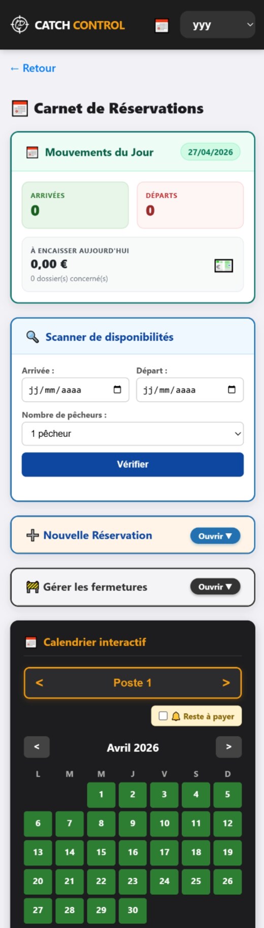 Carnet de réservations Catch Control sur mobile